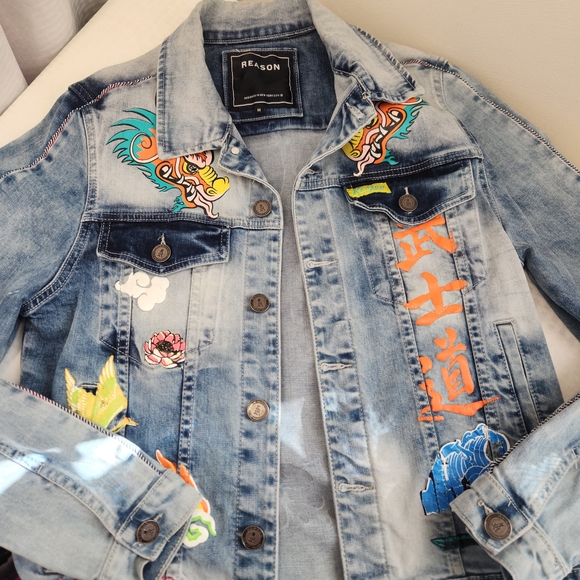 Reason Flaming Dragon Denim Jacket with Colorful Prints. Size M. #G02 - Picture 4 of 15